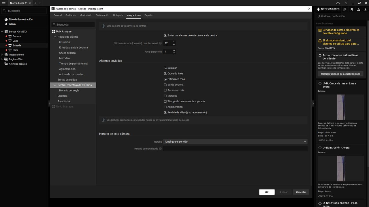Ajustes de transmisión a la central de una cámara en Nx Witness con el plugin IA-N Analyse