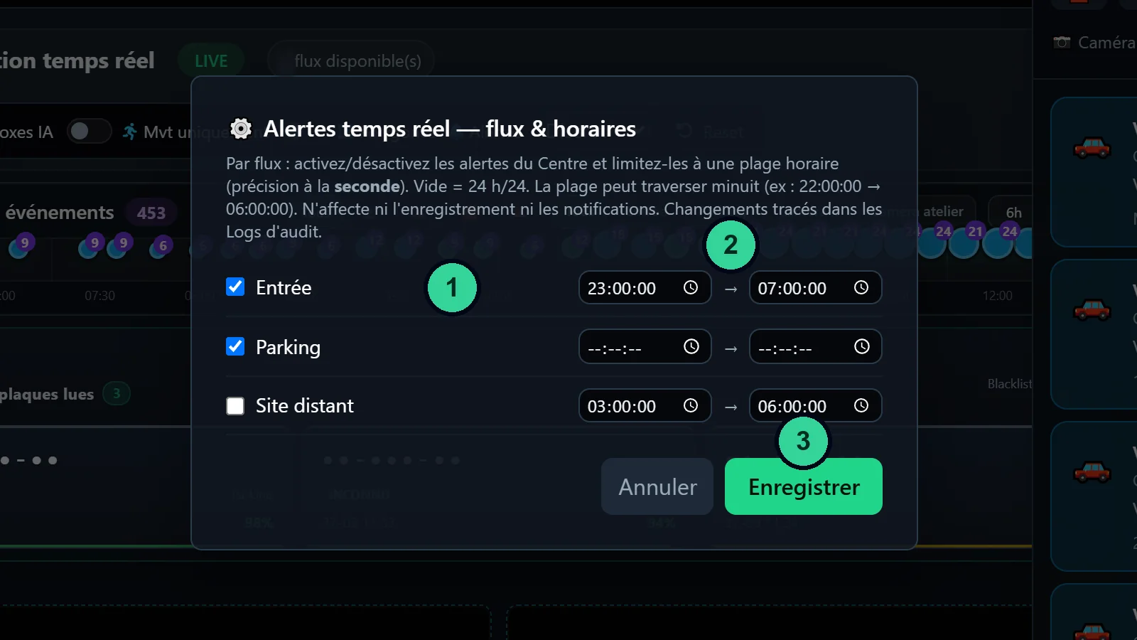 Capture de la box IA-N : fenêtre de réglage du Centre d'alertes, une ligne par caméra avec case d'activation et plage horaire