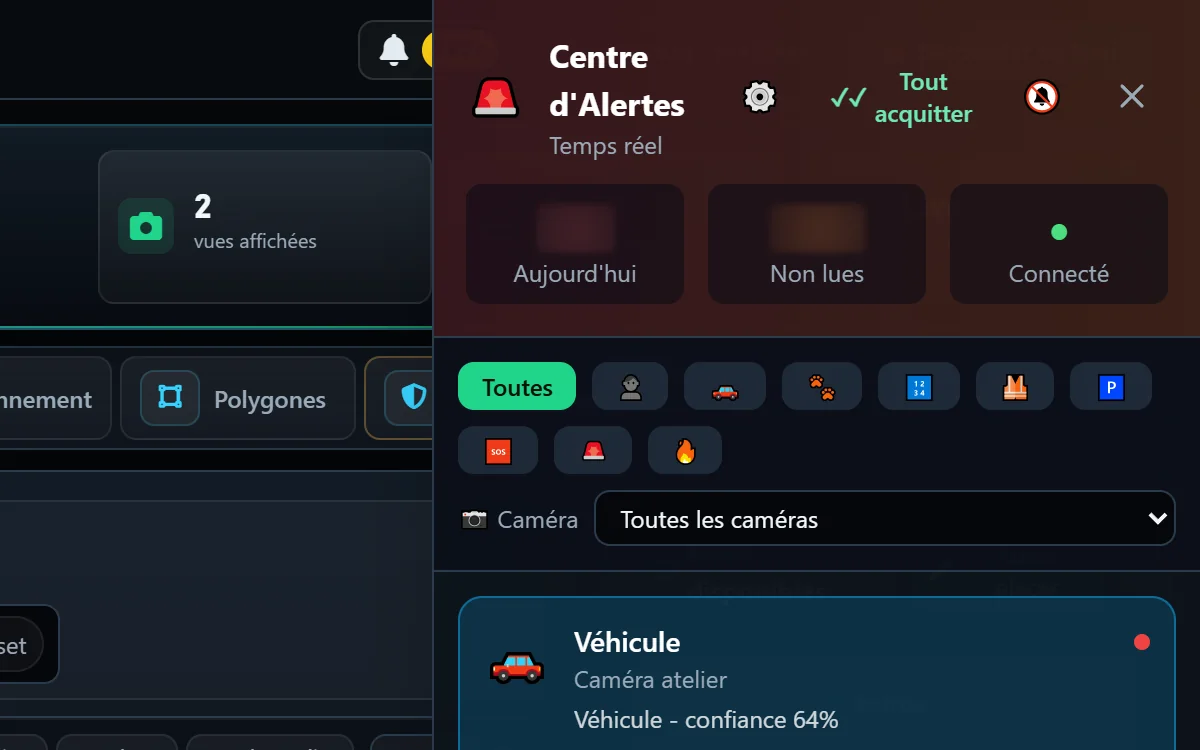 Bildschirmfoto der IA-N Box: im Player geöffnete Alarmzentrale mit Zählern, Filtern und Alarmkarten