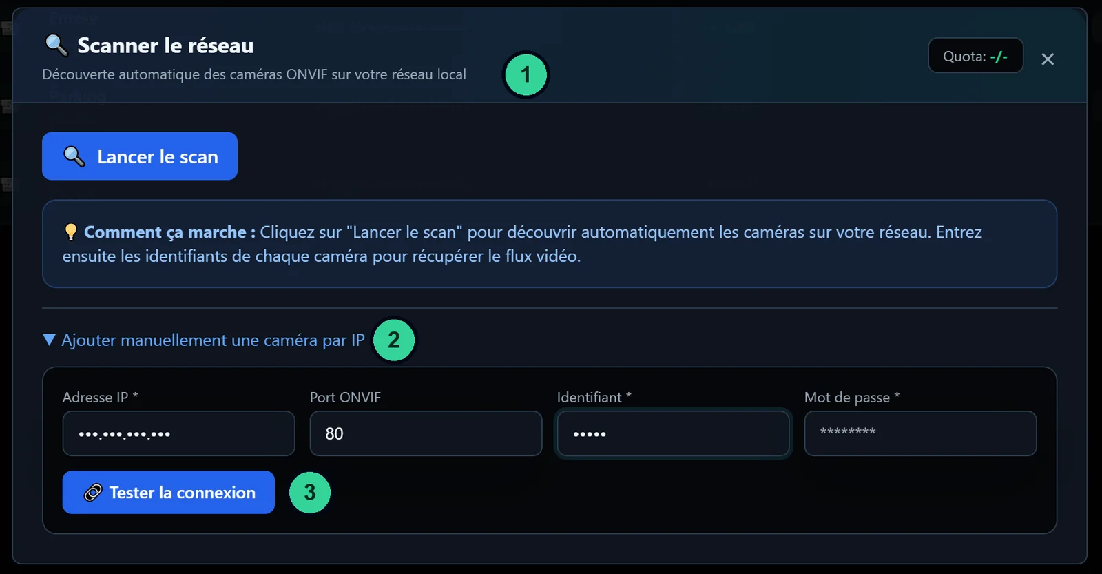 Schermata della box IA-N: aggiunta manuale di una telecamera tramite indirizzo con porta ONVIF, nome utente, password e pulsante Verifica la connessione