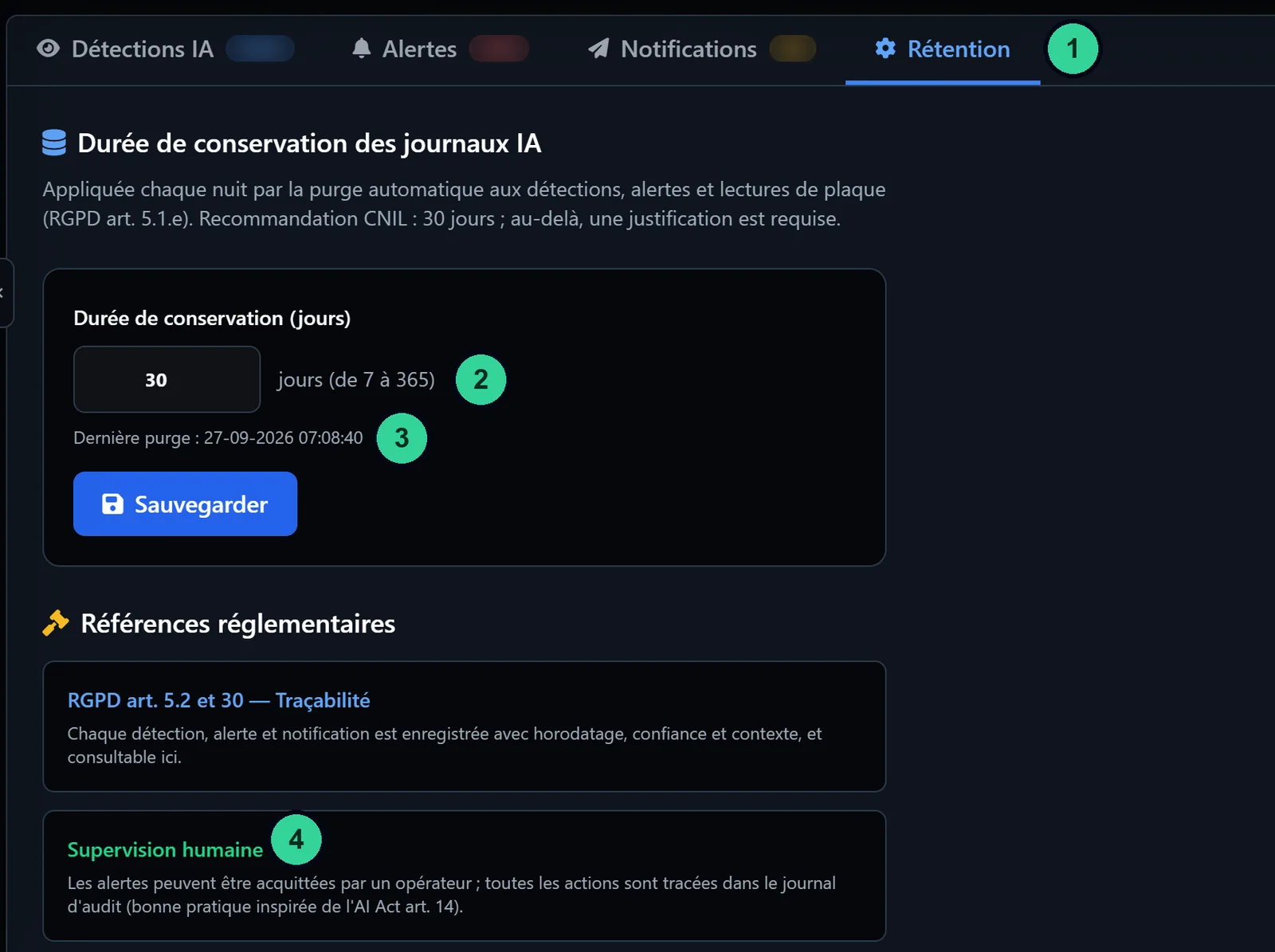 Schermata della box IA-N: impostazione della durata di conservazione in Audit e conformità, con la data dell'ultima pulizia